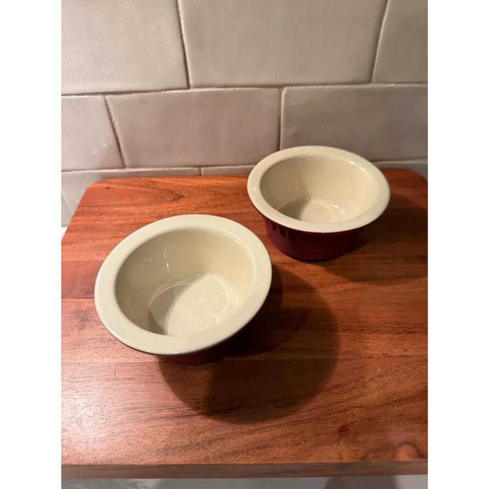 Vintage KitchenAid Ceramic Ramekins Maroon Cream Set of 2 Baking Dishes
